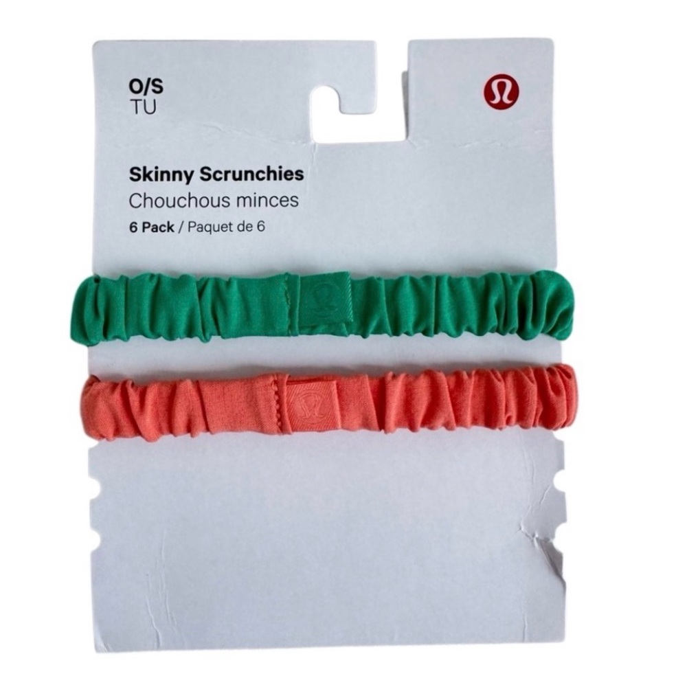 2 Lululemon Skinny Scrunchies Kelly Green and Coral Kiss NWOT